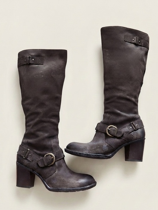Born Shoes - Born Sz 9.5 Leather Heather Brown Patina Buckled Tall Heel Boots
